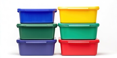 A stack of six colorful plastic storage containers is arranged against a black background. The containers are stacked in a pyramid formation, with the largest container at the bottom and the smallest 