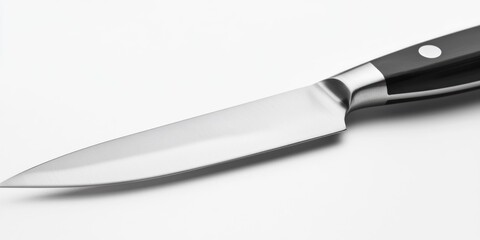 Fototapeta premium A stainless steel chef's knife is sharply angled and positioned on a white surface. The blade is polished and reflects light, showcasing its sharpness. The handle is black with a white accent. 
