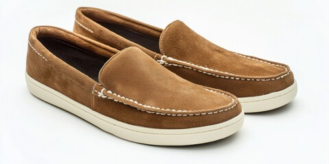 A pair of brown suede slip-on loafers sits on a white surface. The shoes have a classic boat shoe design with a thin white sole and white stitching along the edges. The suede is a rich, warm brown 