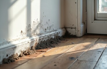 Mold growth corner stylish apartment, wooden floor, white walls. Home decor, interior. Moisture damage, peeling paint. Sunlight, fresh air, ventilation, restoration needed. Unhealthy living space.