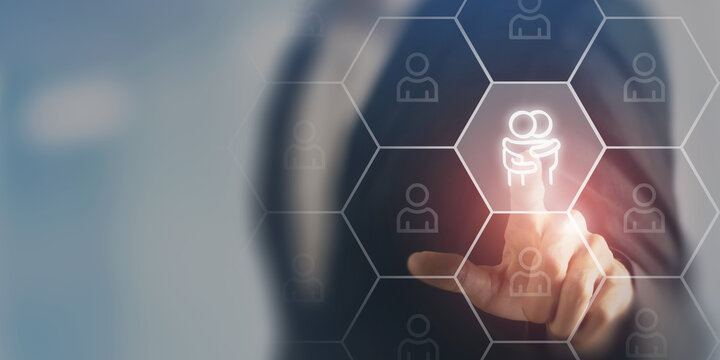 Empathy in the workplace concept. Interfacing the icon of two people hugging, symbolizing empathy among team member icon. Emotional intelligence, collaboration, trust within a professional team.