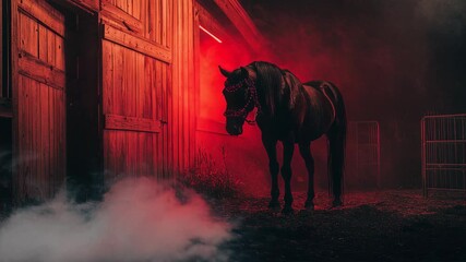 Majestic horse in moody barn with dramatic red lighting and smoke - Powered by Adobe
