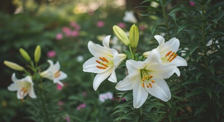 Obraz premium Elegant White Lilies with Orange Stamens in a Lush Green Garden Setting