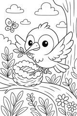 Fototapeta premium Bird building nest illustration in nature with butterfly and clouds