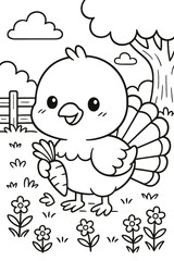 Obraz premium Charming cartoon turkey holding carrot in a whimsical outdoor scene vector