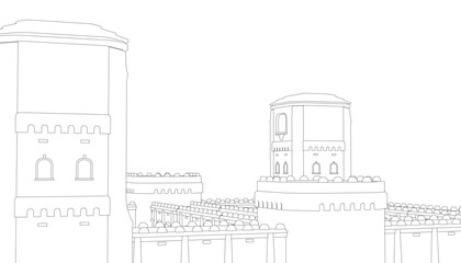 A modular fortress with a prominent clock tower, drawn in black and white on a clean white background. The intricate contour lines and detailed curves create an elegant architectural illustration.