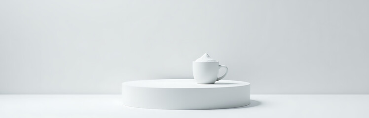 Fototapeta premium minimalist podium snow white platform small cup frothy top minimal winter