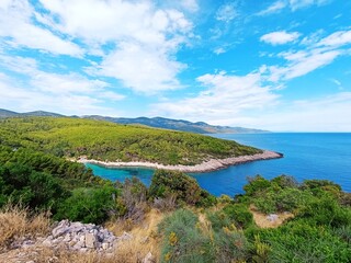Beautifl turquoise sea in small bay with famous beach Zitna on Island Korcula, Adriatic sea, Croatia
