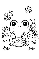 Charming frog plays drum with insect friends in a whimsical garden scene