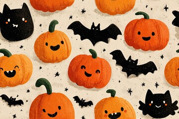 Colorful Halloween pattern with smiling pumpkins and bats