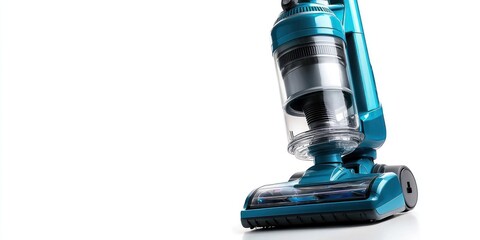 A vibrant blue vacuum cleaner is prominently displayed against a stark white background. The vacuum&acirc;&euro;&trade;s sleek design features a