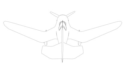 Retro airplane contour drawing with spread wings, black and white outline, detailed wing structure, isolated on clean white background.