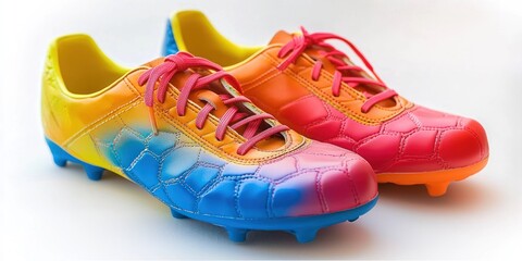 A pair of vibrant, rainbow-colored soccer cleats sits on a white surface. The cleats feature a gradient pattern of blue, pink, orange, and yellow, resembling a stylized honeycomb. 