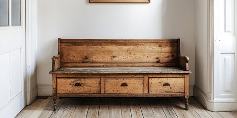 A weathered wooden bench sits in a bright, airy hallway. The bench has a long seat with three drawers beneath it, accented by ornate metal pulls.
