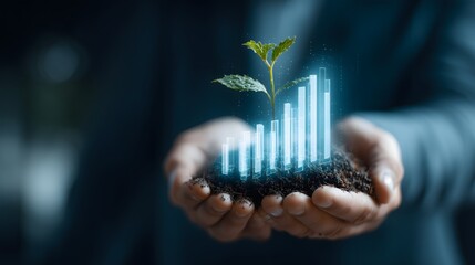 Nurturing Growth A Handful of Soil with a Sapling and an Overlayed Glowing Graph Depicting Business Success and Sustainability