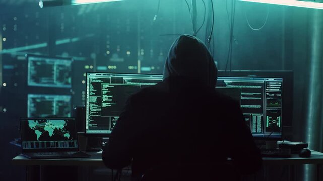 Hacker in Hoodie Breaching Company Servers, Encrypted Data Streams. Cyberattack Involving System Breakin, Identity Data Theft, Vulnerabilities of Digital Infrastructure, Phishing, Spyware, Malware