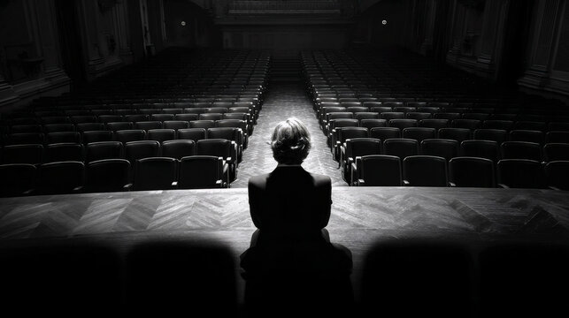 Silhouette of performer on stage observing empty theater during rehearsal at night Generative AI