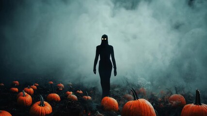 Mysterious figure walks through foggy pumpkin patch at nightfall - Powered by Adobe