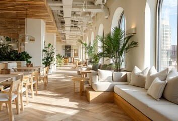 Modern coworking space with natural light and plants creating a relaxing atmosphere
