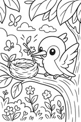 Naklejka premium Cute bird building a nest with twigs in a forest coloring page design