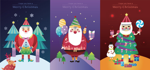 Various Santa Clauses with Christmas trees, gifts, snowmen, elk