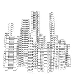 A sci-fi cityscape with a towering building featuring countless windows, drawn in black and white contour lines against a stark white background. © German Ovchinnikov