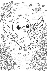 Cute bird flying with flower in spring garden cartoon vector illustration