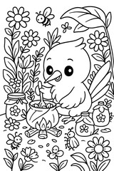 Cute bird stirs a pot over a campfire surrounded by nature illustrations