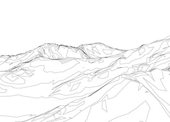 Black and white line drawing of a mountain range with stark contrast, clean terrain contours, and minimalist style on a white background.