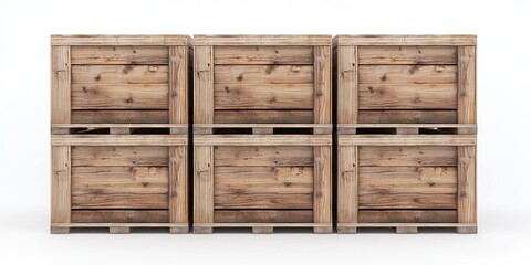 Six weathered wooden crates are stacked vertically against a white background. The crates are made of rough, aged wood with visible grain and knots. 