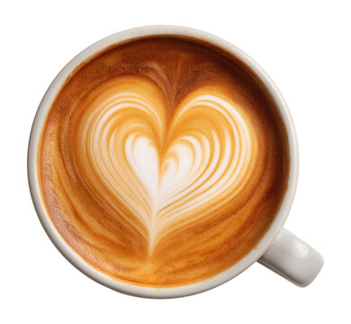 Cappuccino or latte coffee cup with beautiful heart shaped foam art isolated on transparent background, top view