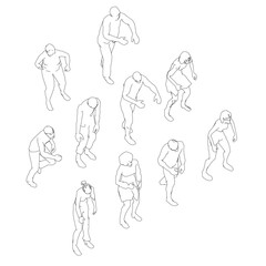 Zombie figure drawing set in various dynamic poses, black and white contour lines, step-by-step illustration for artists and designers.