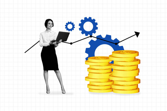 Composite 3D photo collage design trend of businesswoman stand hand hold laptop arrow up pile coins investment earnings market wealth bank