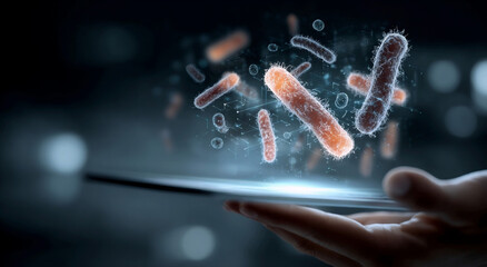 Microorganisms floating above a hand in a dark environment create a surreal scientific visual display in a laboratory setting Generative AI