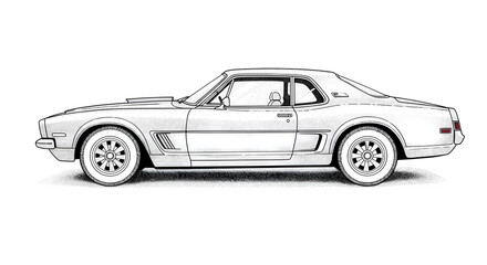 Fototapeta premium Classic Coupe Car Illustration Side View in Line Art Style