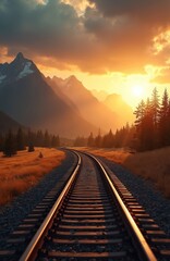 Fototapeta premium Railway receding into distance through grassland field to snowy mountains during golden sunset. Railroad track curves away into dramatic vista. Journey through nature, endless travel and adventure.