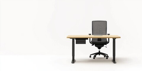 A modern desk and chair are positioned on a white surface. The desk is made of light-colored wood with a drawer. The chair is black with a mesh back and black armrests. 