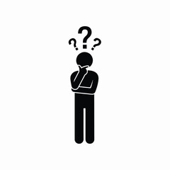 A black stick figure pictogram of a person thinking with three question marks floating above their head, symbolizing confusion or a dilemma.