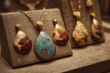 Close up of pendants with gold chains and teardrop shaped stones on display stands in a jewelry store