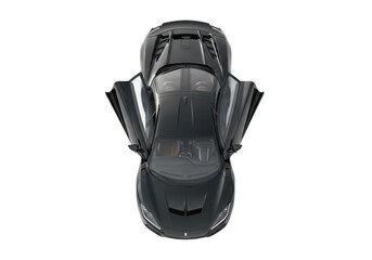 Fototapeta premium Overhead view of a dark car with doors open isolated on transparent background