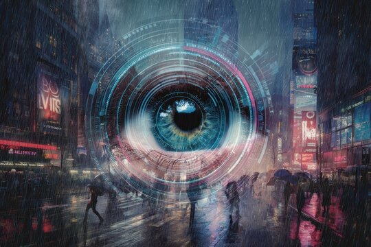 biometric iris scanner projecting holographic interface, scanning a glowing human eye. Worldcoin project - Powered by Adobe