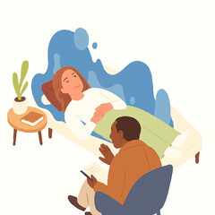 Woman lying on couch while therapist discusses mental health at home  