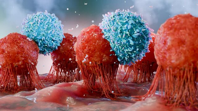 body immune response viral infection, lymphocytes, Cancer Immunotherapy, T cell and B-cell immune system fighting viruses, flagella, Dendritic or cancer tumor cells, Bacteria, 3d render