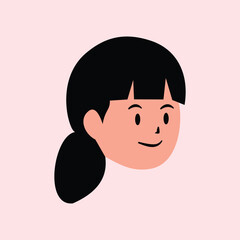 Illustration of a girl's face with black hair and a simple smile, suitable for education, children, school, health and modern graphic design themes.