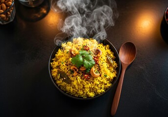 Aromatic Yellow Rice Dish Steaming with Flavor and Warmth