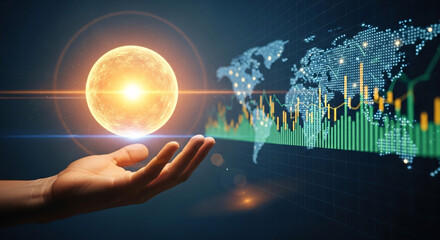 Hand holding glowing orb with digital world map and financial data overlay