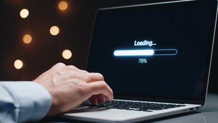 Man Typing on Laptop with Loading Progress Bar on Screen Against Bokeh Light - Powered by Adobe
