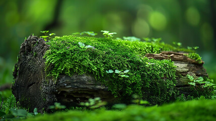 A decaying log covered in thick green moss and fungi in a damp forest. It shows the ecosystem.