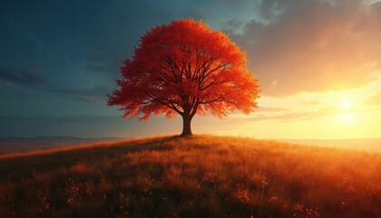 Orange autumn tree on hill during sunset. Meadow nature scene with scenic view. Lonely tree in field with red leaves against serene landscape on horizon.
