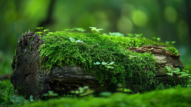 A decaying log covered in thick green moss and fungi in a damp forest. It shows the ecosystem.